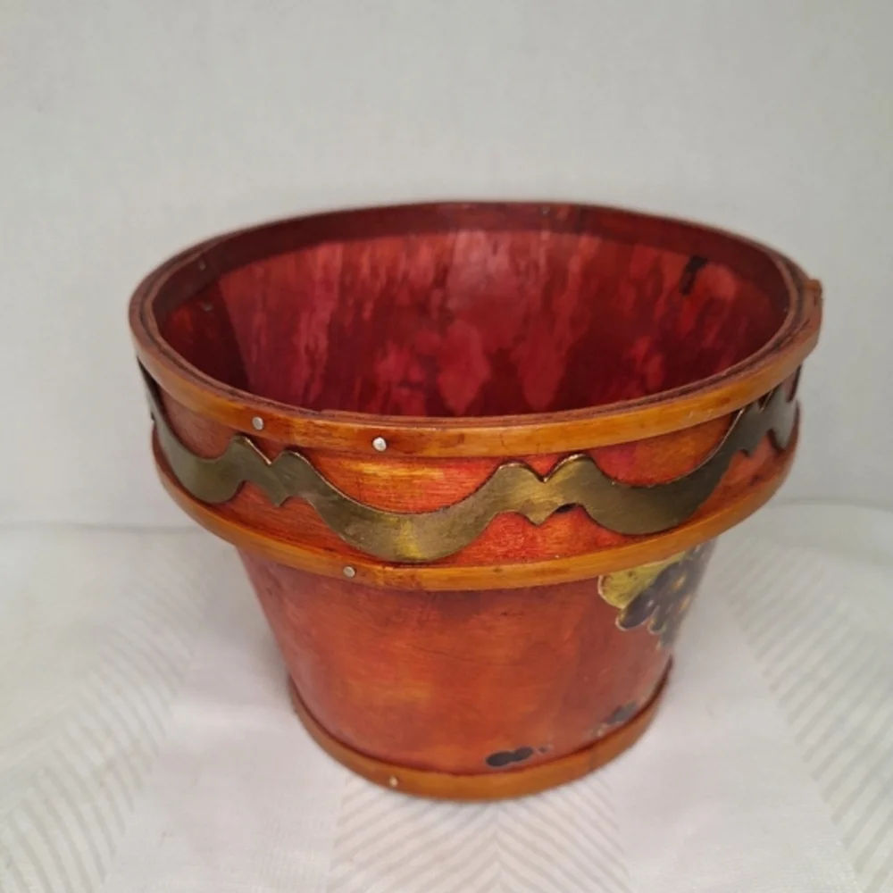 Fruit-Themed Decorative Wooden Basket w Brass Accent.